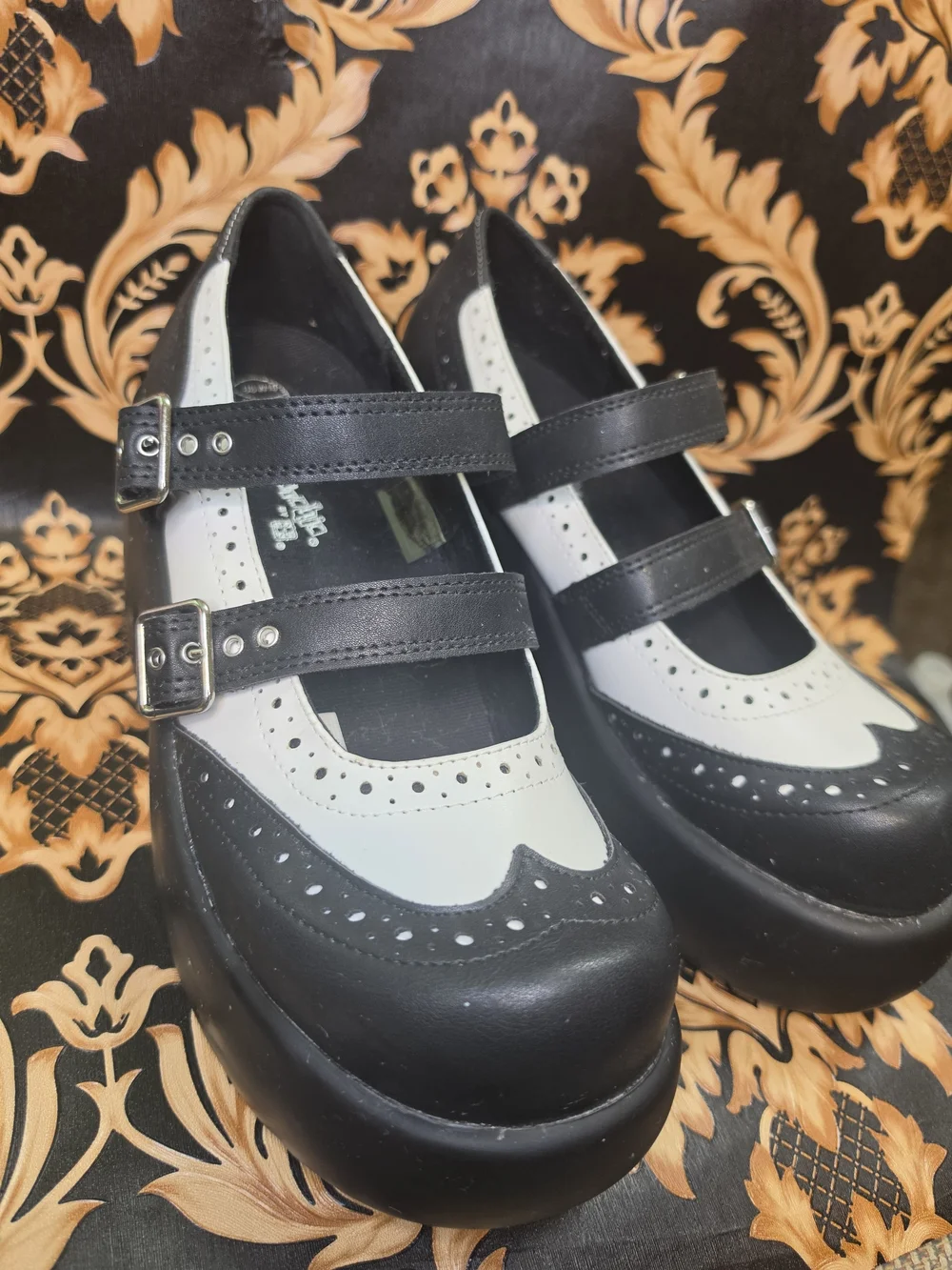 tuk Black and White Platform Mary Jane with Dual Straps